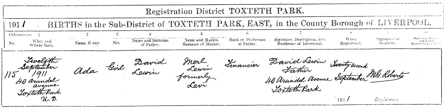 Ada Lewin (1911-1998) - Birth Certificate (Toxteth Park, Loverpool, 1911).pdf