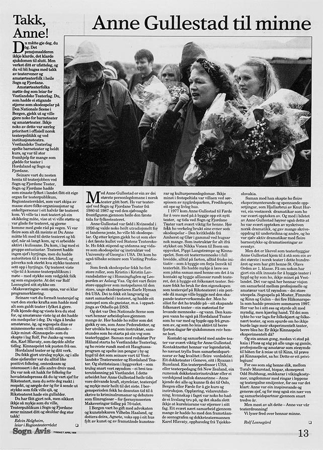 Anne Gullestad (1925-1998) - Minneord i Sogn avis, tirsdag 7. april 1998 Anne Gullestad (1925-1998) - Minneord i Sogn avis, tirsdag 7. april 1998
