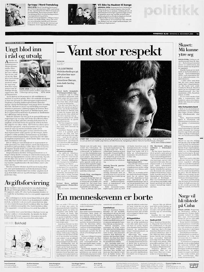 Anneliese Dørum, født Parow (1939-2000) - Minneord i Romerikes Blad, mandag 6. november 2000 Anneliese Dørum, født Parow (1939-2000) - Minneord i Romerikes Blad, mandag 6. november 2000