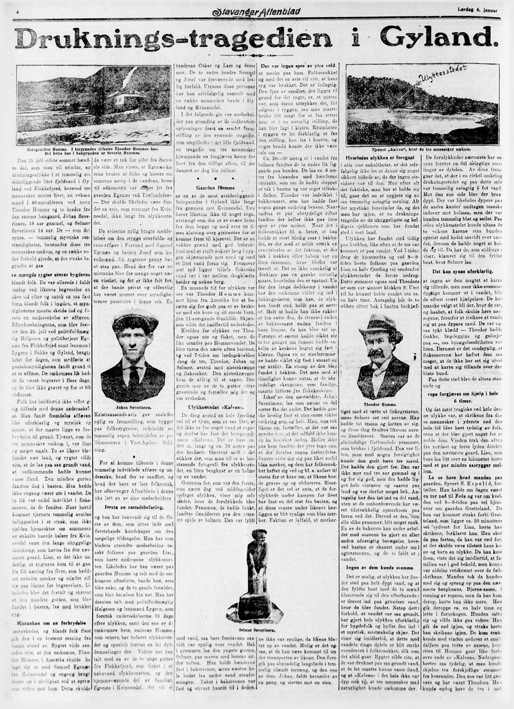 Druknings-tragedien i Gyland (Stavanger Aftenblad, lørdag 6. januar 1923)