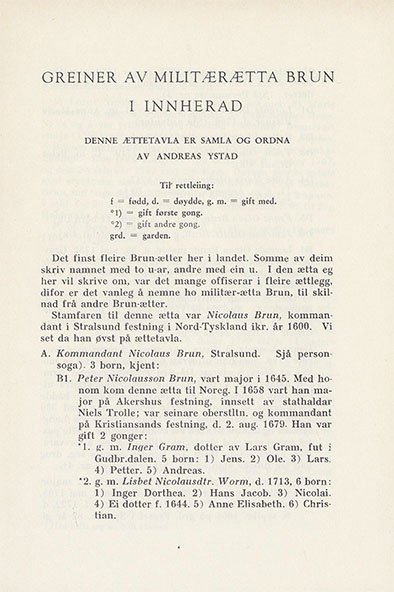 Greiner av militærætta Brun i Innherad - Samla og ordna av Andreas Ystad (Årbok for Nord-Trøndelag Historielag 1962)