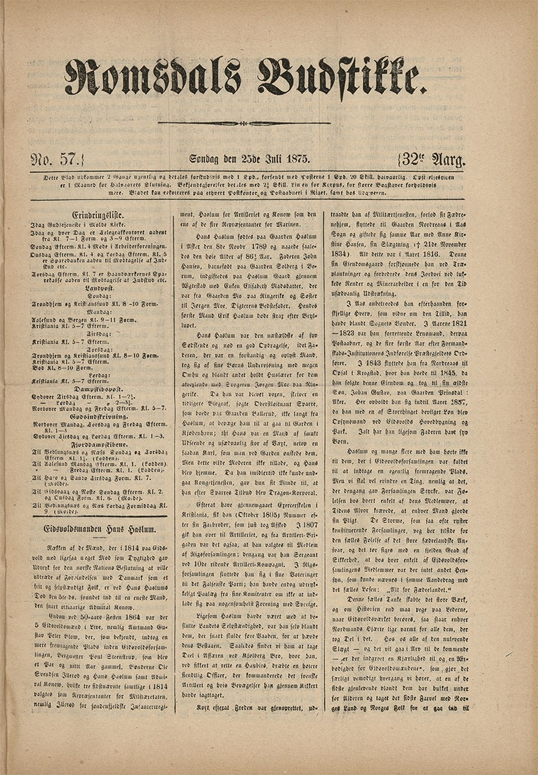 Hans Johnsen Haslum (1789-1875) - Nekrolog i Romsdals Budstikke, søndag 25. juli 1875