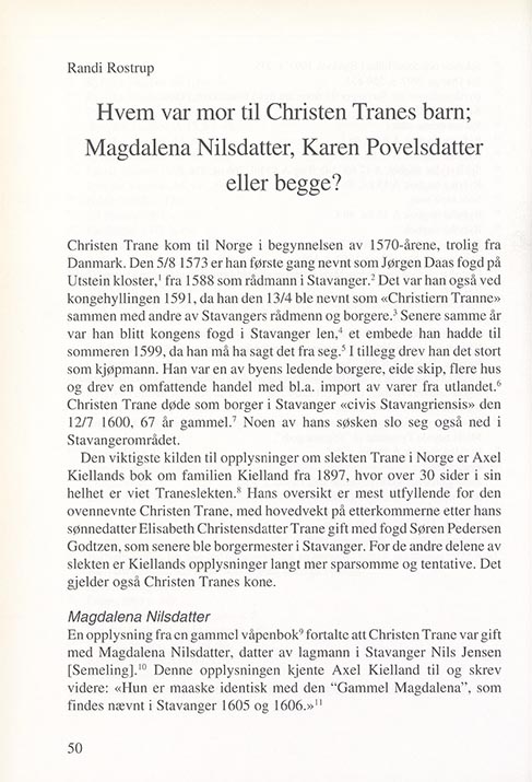 Hvem var mor til Christen Tranes barn (Ætt og heim - lokalhistorisk årbok for Rogaland. 2000)