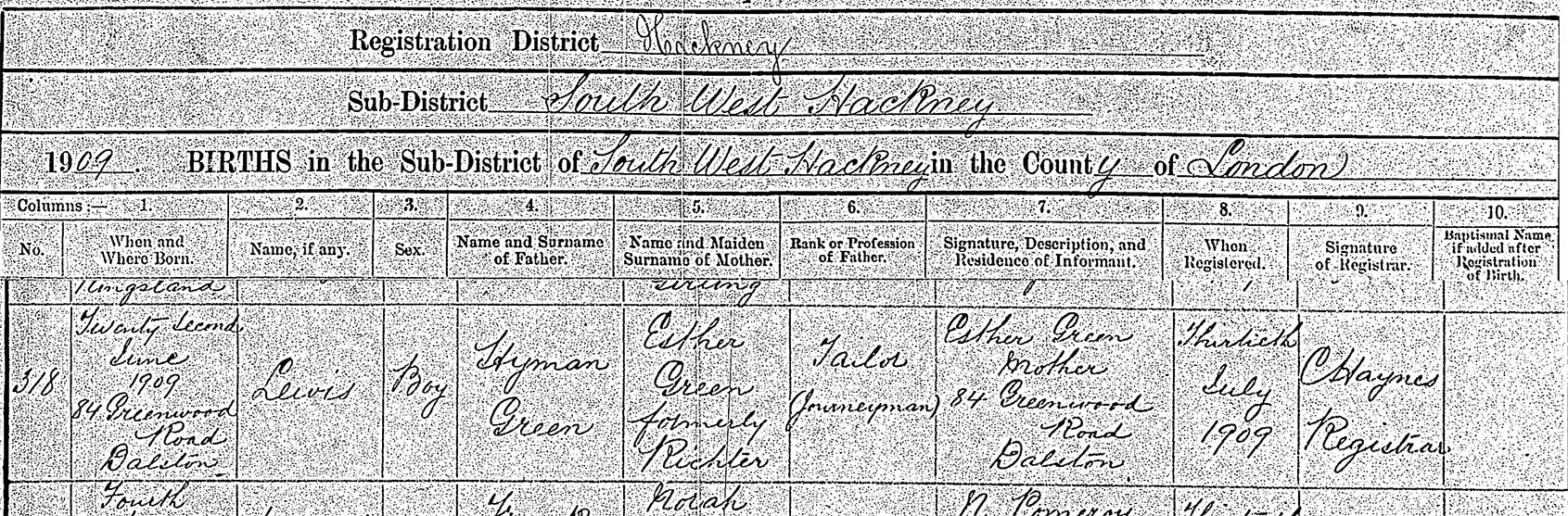 Lewis Green (1909-1981) - Birth Certificate (South West Hackney, London, 1909)