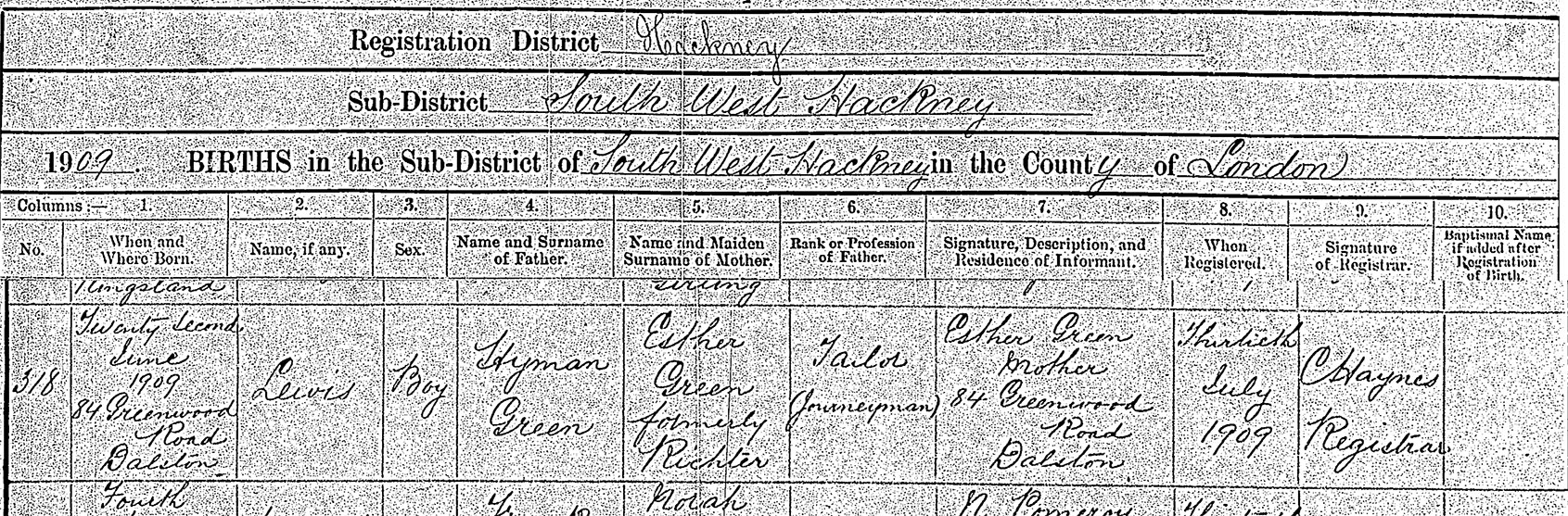 Lewis Green (1909-1981) - Birth Certificate (South West Hackney, London, 1909) Lewis Green (1909-1981) - Birth Certificate (South West Hackney, London, 1909)