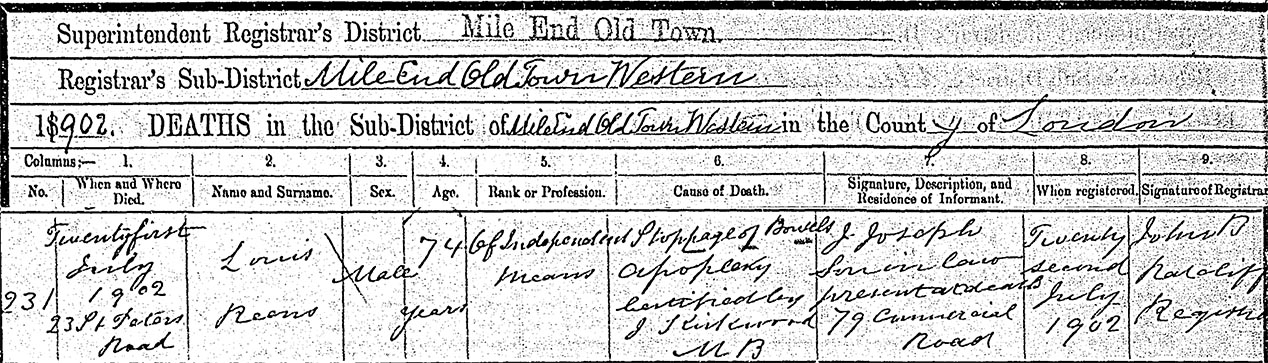 Louis Reens (1828-1902) - Death Certificate (Mile End Old Town Western, London, 1902) Louis Reens (1828-1902) - Death Certificate (Mile End Old Town Western, London, 1902)
