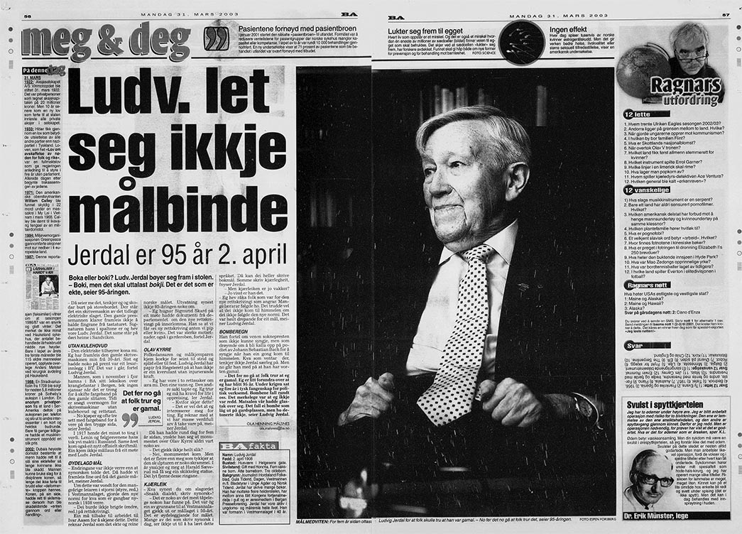 Ludvig Jerdal (1908-2003) - 95 år (Bergensavisen, mandag 31. mars 2003)