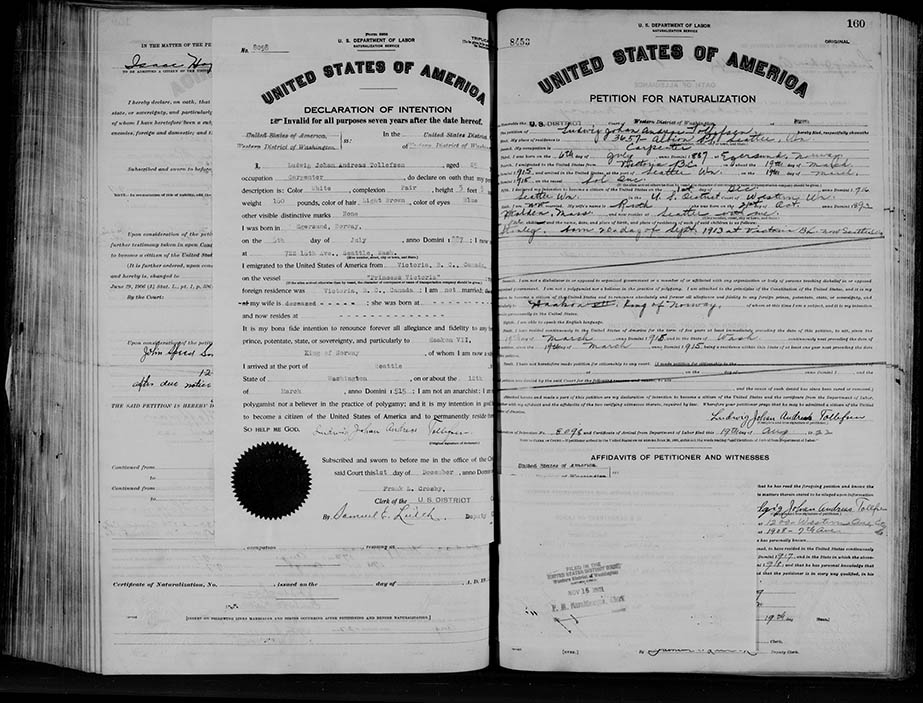 Ludvig Johan Andreas Tollefsen (1887-1952) - Petition for Naturalization 1922 (Washington Naturalization Records, 1850-1994) Ludvig Johan Andreas Tollefsen (1887-1952) - Petition for Naturalization 1922 (Washington Naturalization Records, 1850-1994)
