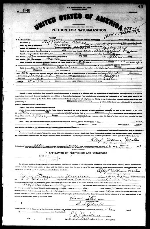 Olof William Moline (1888-1946) - Petition for Naturalization (1917) Olof William Moline (1888-1946) - Petition for Naturalization (1917)