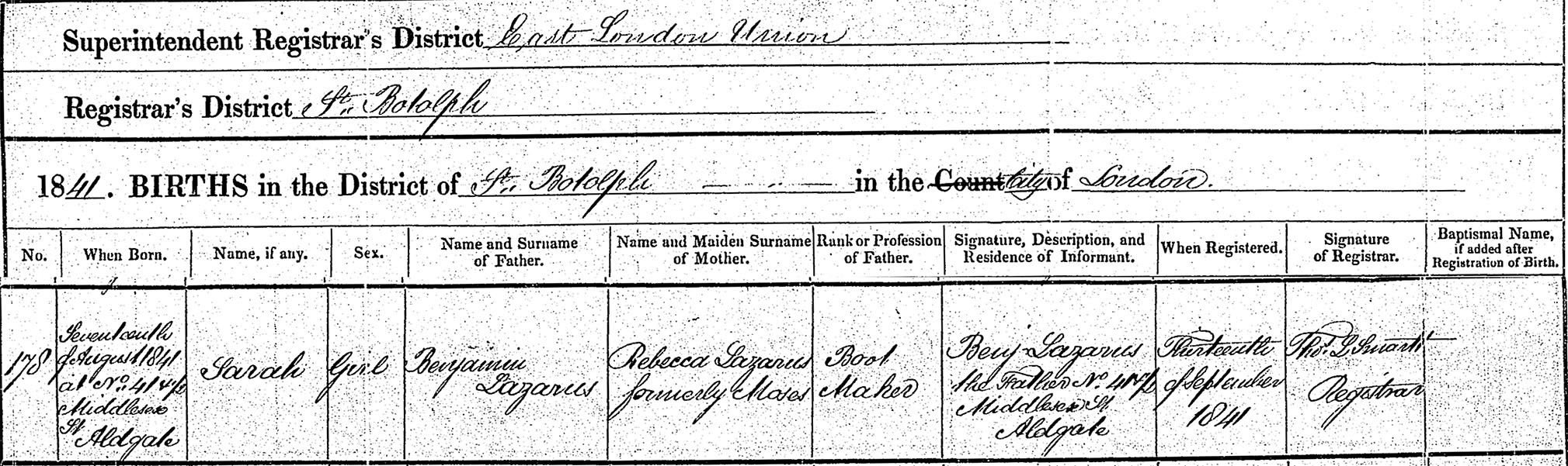 Sarah Green, nee Lazarus (1842-1901) - Birth Registration (Saint Botolph, Aldgate, London 1842)