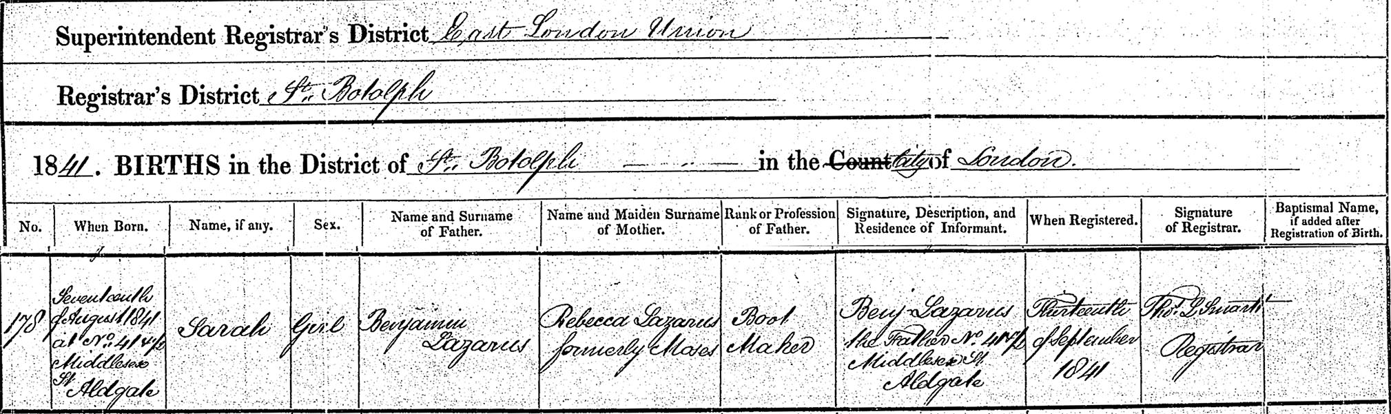 Sarah Green, nee Lazarus (1842-1901) - Birth Registration (Saint Botolph, Aldgate, London 1842) Sarah Green, nee Lazarus (1842-1901) - Birth Registration (Saint Botolph, Aldgate, London 1842)