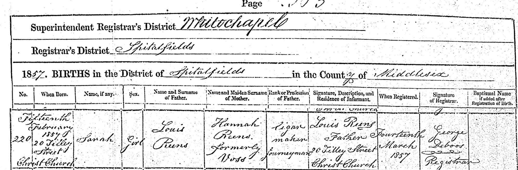 Sarah Reens (b. 1857) - Birth Registration (Spitalfields, Middlesex, London 1857) Sarah Reens (b. 1857) - Birth Registration (Spitalfields, Middlesex, London 1857)
