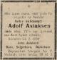 Adolf Aslaksen (1861-1936) - Dødsannonse i Lillesands-Posten den 28. februar 1936