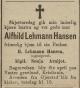 Alfhild Lehmann Hansen f. Foss (1875-1922) - Dødsannonse i Folketanken (Risør) den 4. april 1923