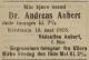 Andreas Aubert (1851-1913) - Dødsannonse i Morgenbladet den 14. mai 1913