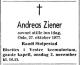 Andreas Ziener (1895-1977) - Dødsannone i Aftenposten, mandag 31. oktober 1977