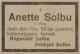 Anette Solbu, født Vang (1858-1910) - Dødsannonse i Søndre Trondhjems Amtstidende, fredag 14. oktober 1910