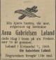 Anna Gabrielsen Løland, født Jørgensdatter Kalvstøl (1854-1929) - Dødsannonse i Agder, mandag 6. mai 1929