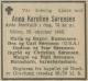Anna Karoline Sørensen, født Olsen (1865-1943) Dødsannonse i Varden den 27. oktober 1943 Anna Karoline Sørensen, født Olsen (1865-1943) Dødsannonse i Varden den 27. oktober 1943