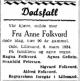 Anne Folkvord, født Aslaksen (1844-1934) - Dødsannonse i Aftenposten den 7. mars 1934