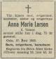 Anne Marie Larsen, født Ziener (1886-1958) - Dødsannonse i Arbeiderbladet, torsdag 19. juni 1958