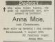 Anne Moe, født Christiansen (1874-1944) - Dødsannonse i Fædrelandsvennen den 8. august 1944