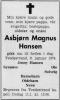 Asbjørn Magnus Hansen (1897-1974) - Dødsannonse i Tvedestrandsposten den 9. januar 1974 Asbjørn Magnus Hansen (1897-1974) - Dødsannonse i Tvedestrandsposten den 9. januar 1974
