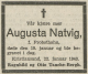 Auguste Natvig, født Probsthahn (1874-1943) - Dødsannonse i Fædrelandsvennen, fredag 22. januar 1943 Auguste Natvig, født Probsthahn (1874-1943) - Dødsannonse i Fædrelandsvennen, fredag 22. januar 1943