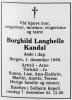 Borghild Langhelle Kandal (1914-1998) - Dødsannonse i Bergens Arbeiderblad, lørdag 3. desember 1988