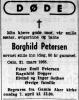Borghild Petersen, født Zachariassen (1884-1965) - Dødsannonse i Morgenbladet, tirsdag 6. april 1965