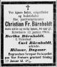 Christian Fredriksen Bärnholdt (1816-1905) - Dødsannonse i Dagbladet, lørdag 14. januar 1905