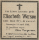 Elisabeth Worsøe, født Torkildsen (1853-1941) - Dødsannonse i Stavangeren, mandag 21. april 1941