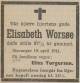 Elisabeth Worsøe, født Torkildsen (1853-1941) - Dødsannonse i Stavangeren, mandag 21. april 1941 Elisabeth Worsøe, født Torkildsen (1853-1941) - Dødsannonse i Stavangeren, mandag 21. april 1941