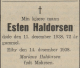 Esten Haldorsen (1866-1938) - Dødsannonse i Nordkapp, torsdag 15. desember 1938