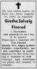 Grethe Solveig Finsrud, født Thorkildsen (1941-1972) - Dødsannonse i Tvedestrandsposten den 9. desember 1972 Grethe Solveig Finsrud, født Thorkildsen (1941-1972) - Dødsannonse i Tvedestrandsposten den 9. desember 1972