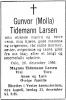 Gunvor (Molla) Tidemann Larsen, født Larsen (1901-1966) - Dødsannonse i Aftenposten, torsdag 29. desember 1966
