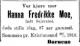Hanna Fredrikke Moe, født Sejersted (1829-1916) - Dødsannonse i Aftenposten den 31. august 1916 Hanna Fredrikke Moe, født Sejersted (1829-1916) - Dødsannonse i Aftenposten den 31. august 1916