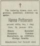 Hanna Pettersen, født Hansdatter Delerud (1891-1974) - Dødsannonse i Arbeiderbladet, torsdag 31. januar 1974