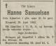 Hanne Samuelsen, født Bårdsen (1862-1943) - Dødsannonse i Fædrelandsvennen den 25. juni 1943