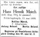 Hans Henrik Mørch (1856-1930) - Dødsannonse i Aftenposten, mandag 19. mai 1930