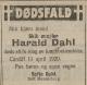 Harald Dahl (1863-1920) - Dødsannonse i Norges Handels og Sjøfartstidende, tirsdag 13. april 1920