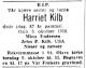 Harriet Kilb (1871-1958) - Dødsannonse i Aftenposten den 7. oktober 1958