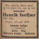 Henrik Isefjær (1882-1920) - Dødsannonse i Morgenavisen den 19. mai 1920