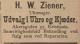 Hugo Waldemar Ziener (1853-1895) - Annonse i Social-Demokraten den 21. mars 1894 Hugo Waldemar Ziener (1853-1895) - Annonse i Social-Demokraten den 21. mars 1894