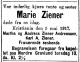 Inger Marie Ziener (1856-1917) - Dødsannonse i Aftenposten, onsdag 9. mai 1917 Inger Marie Ziener (1856-1917) - Dødsannonse i Aftenposten, onsdag 9. mai 1917