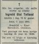 Ingvald Olai Totland (1894-1970) - Dødsannonse i Bergens tidende den 9. juni 1970 Ingvald Olai Totland (1894-1970) - Dødsannonse i Bergens tidende den 9. juni 1970