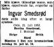 Ingvar Smedsrød (1885-1952) - Dødsannonse i Aftenposten den 23. juli 1952 Ingvar Smedsrød (1885-1952) - Dødsannonse i Aftenposten den 23. juli 1952