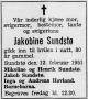 Jakobine Sundstø, født Jakobine Ingeborg Marie Andreassen (1870-1951) - Dødsannonse i Dalane Tidende, onsdag 14. februar 1951 Jakobine Sundstø, født Jakobine Ingeborg Marie Andreassen (1870-1951) - Dødsannonse i Dalane Tidende, onsdag 14. februar 1951