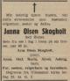 Janna Olsen Skogholt, født Ziener (1878-1946) - Dødsannonse i Romerike, fredag 15. mars 1946 Janna Olsen Skogholt, født Ziener (1878-1946) - Dødsannonse i Romerike, fredag 15. mars 1946