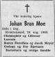 Johan Brun Moe (1890-1969) - Dødsannonse i Fædrelandsvennen den 27. august 1969